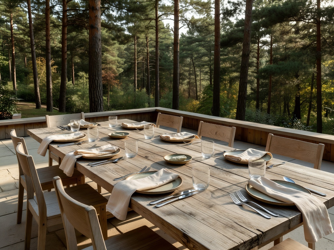 Casual outdoor resort terrace dining table overlooking pine trees with family place settings