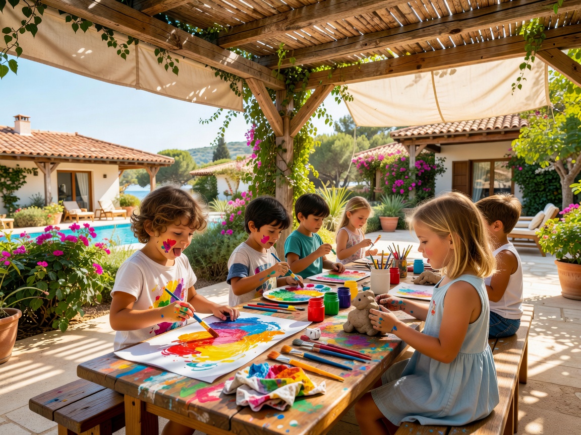 Children engaged in outdoor creative painting and clay crafts under a shaded pergola at a European resort