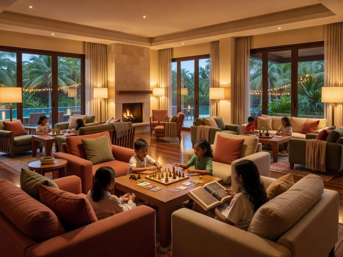 Comfortable resort family lounge with board games, reading books, and warm ambient lighting