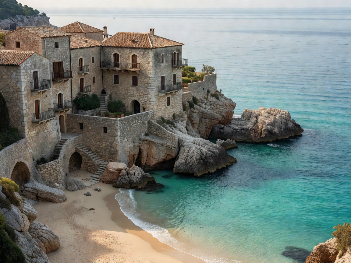Elevated perspective of a stone-built coastal resort in Europe overlooking quiet turquoise waters