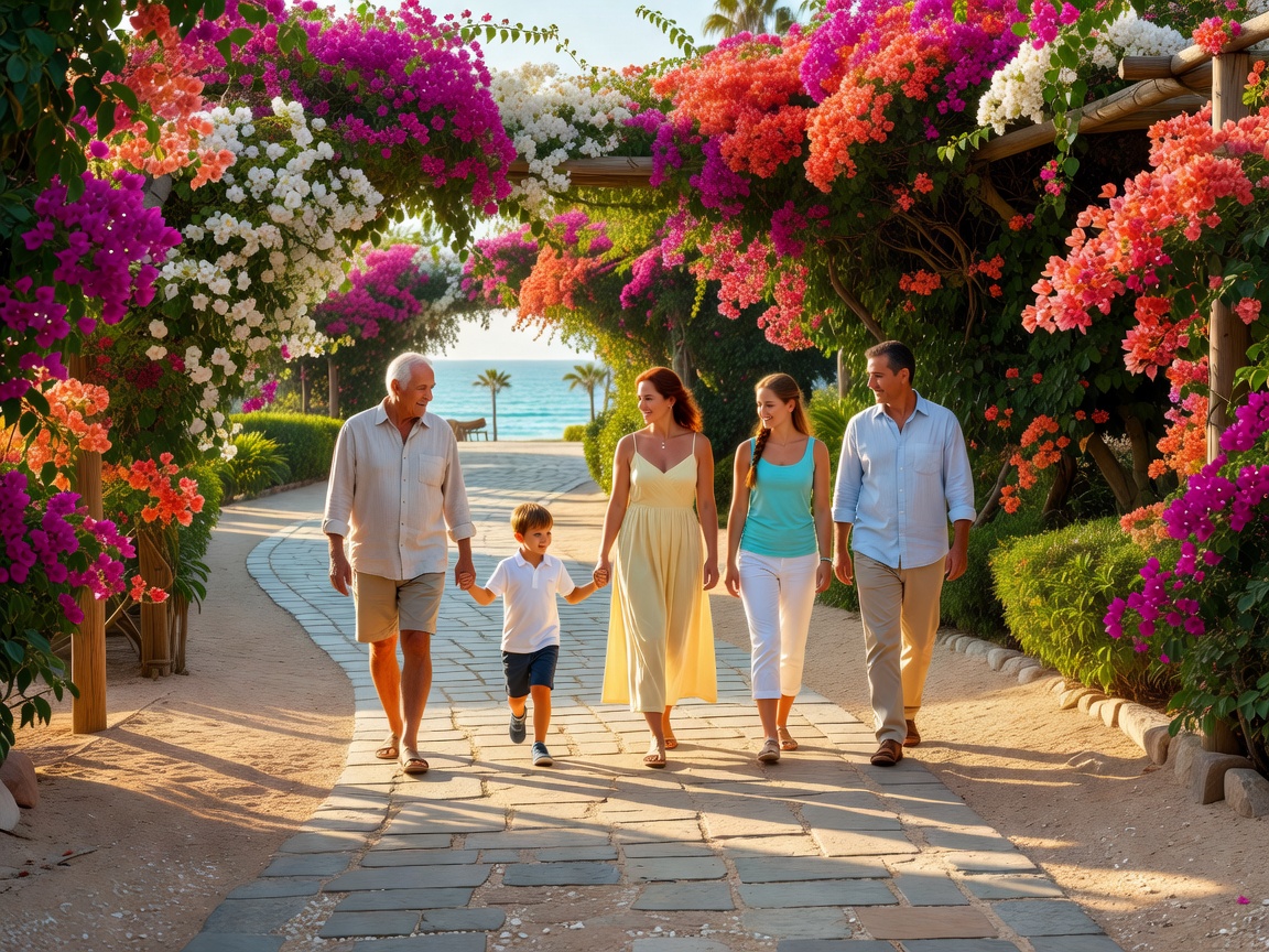 Family walking gently down a sun-dappled coastal resort path lined with bougainvillea