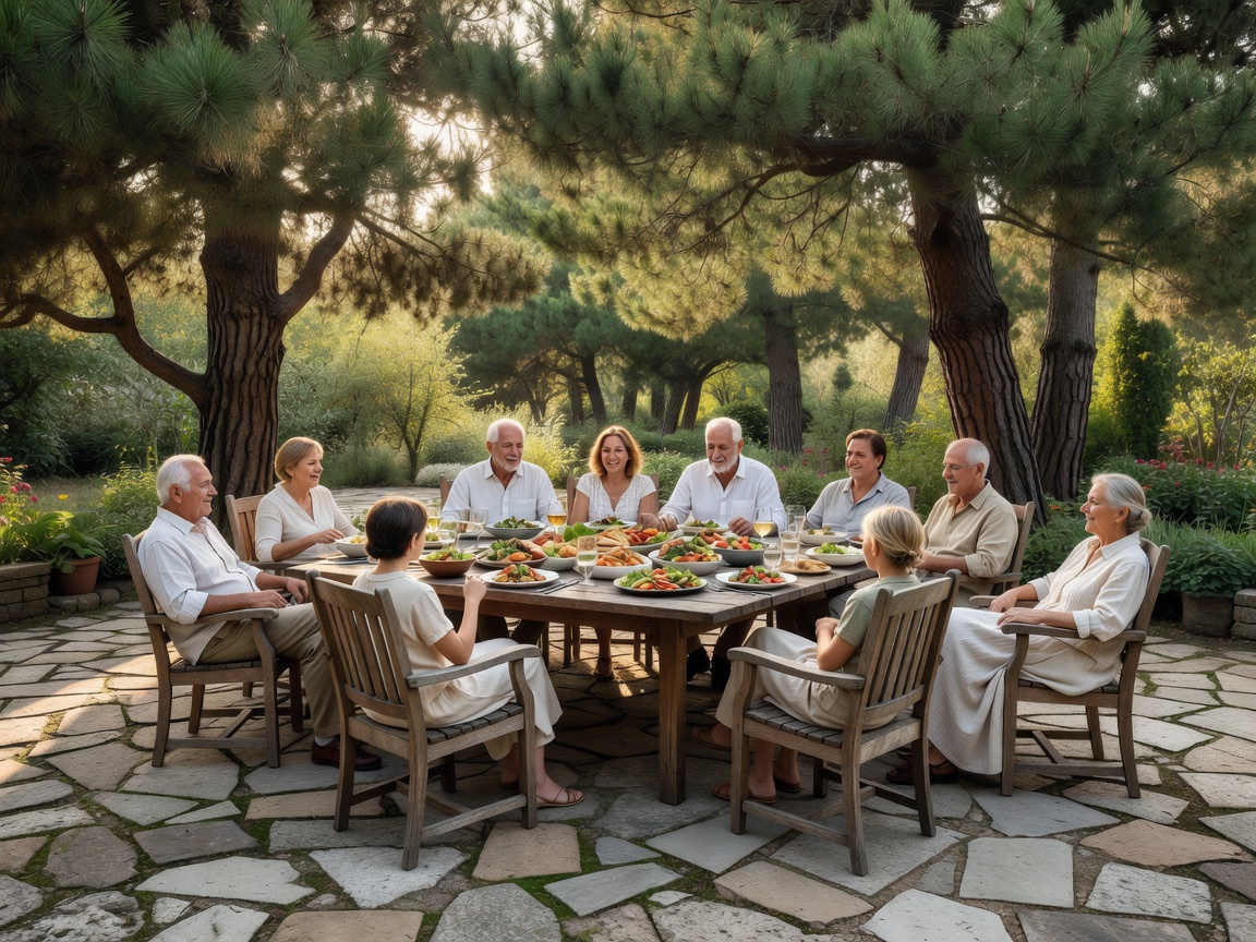 Garden-level open-air dining patio with paved stone and relaxed family seating beneath pine trees