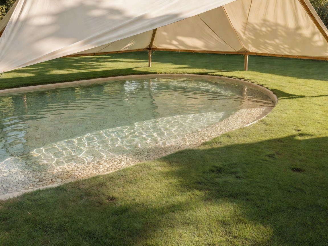 Gentle shallow water pool with clean sun-shaded canopy and soft lawn recreation area