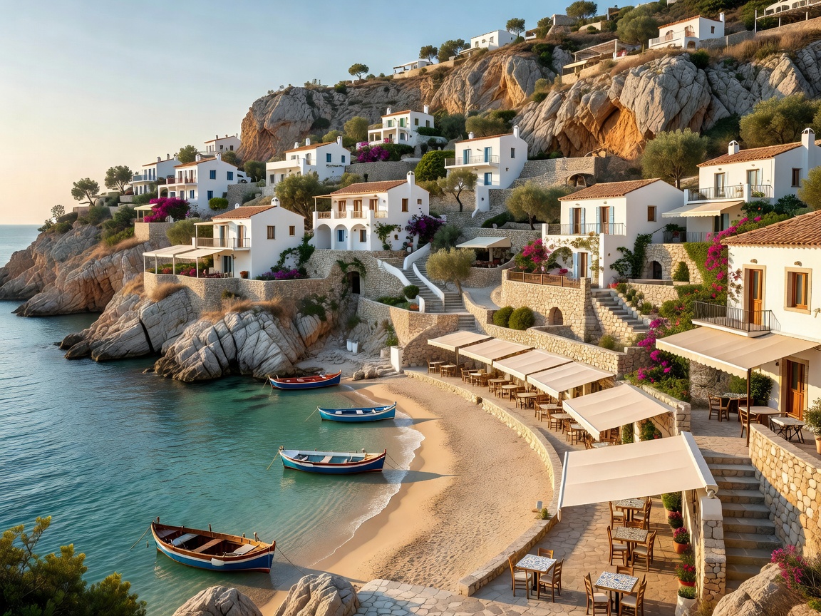 Panoramic Mediterranean seaside resort set into a stone hillside with sheltered cove