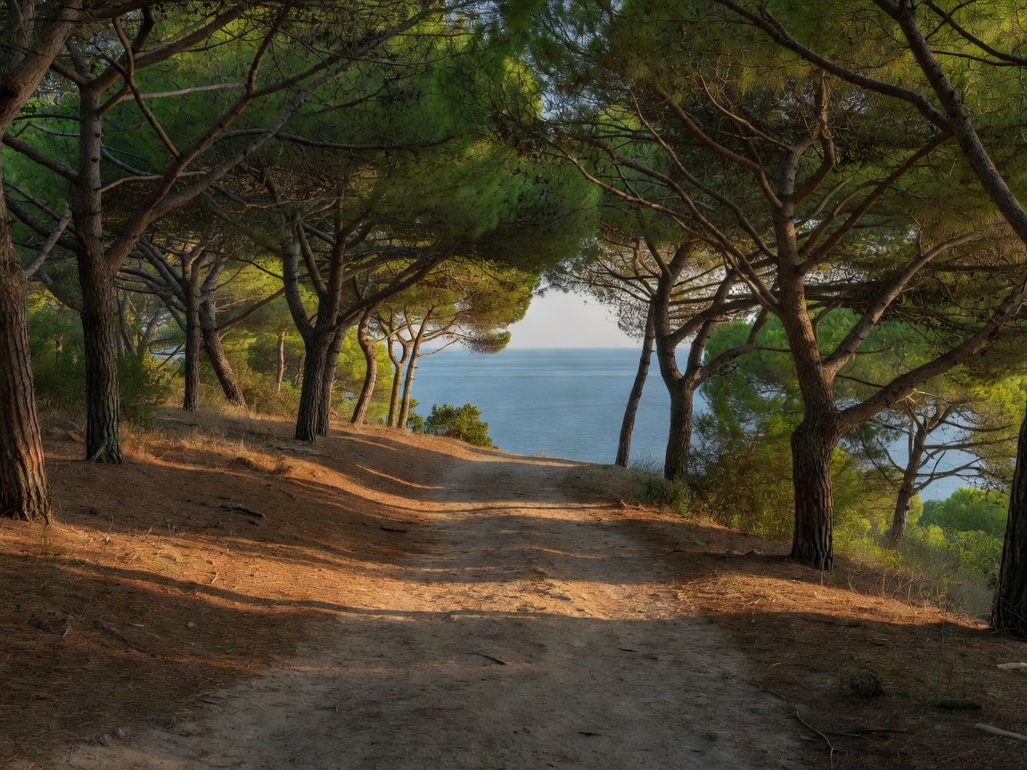 Quiet shaded pine footpath leading towards a calm sea view in Southern Europe