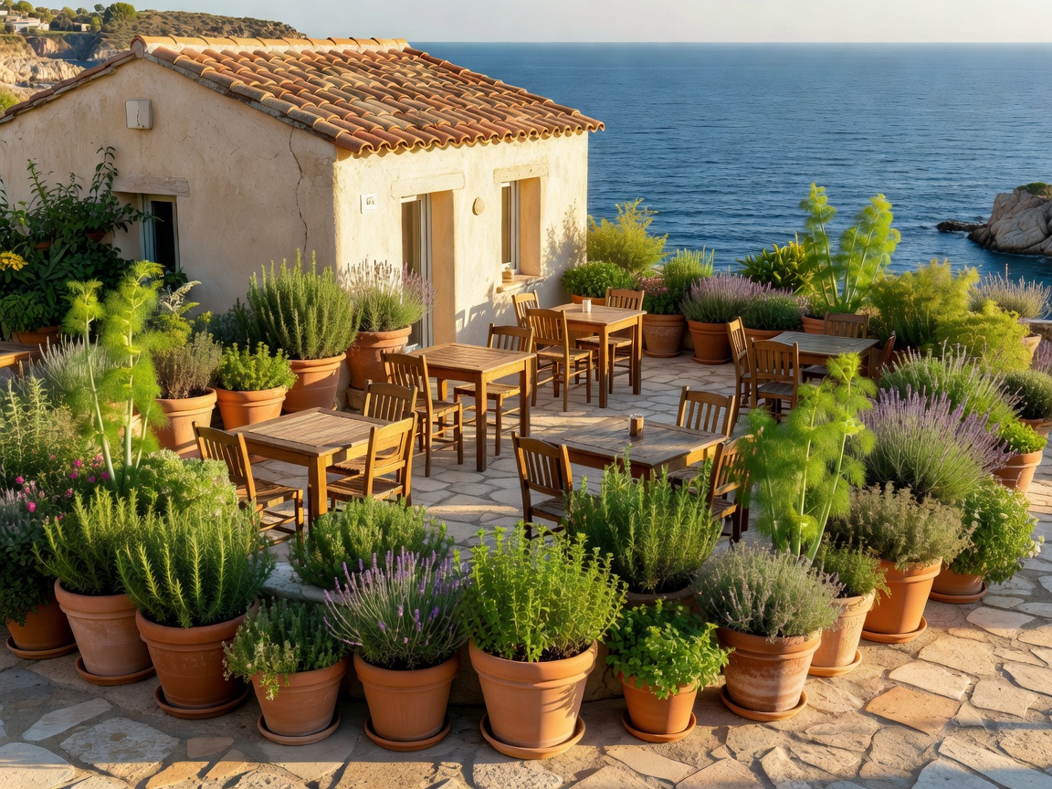 Resort convenience shop and cafe terrace surrounded by potted Mediterranean herbs