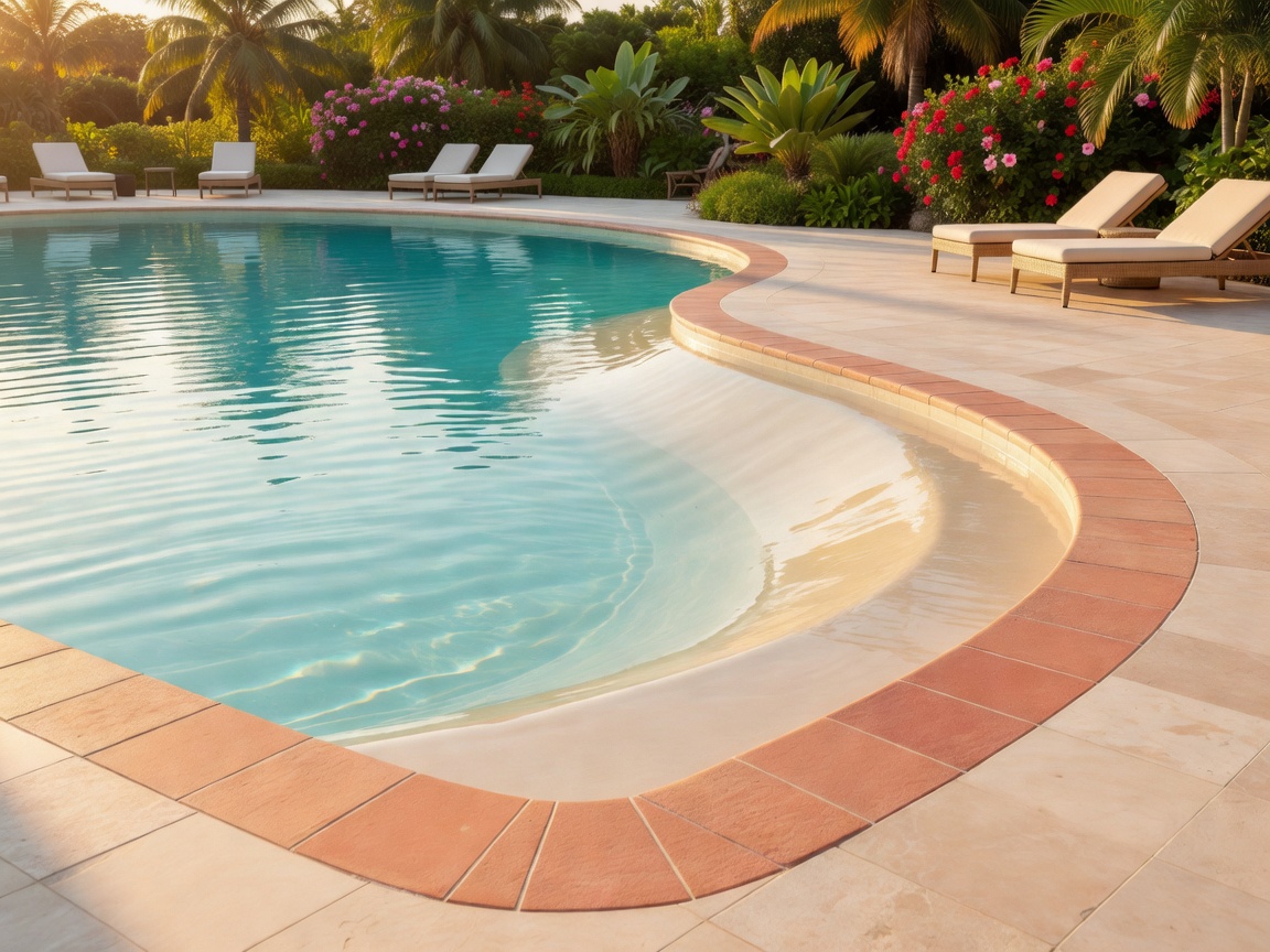 Resort pool with gentle zero-entry beach slope and surrounding safety tiles in warm sunlight
