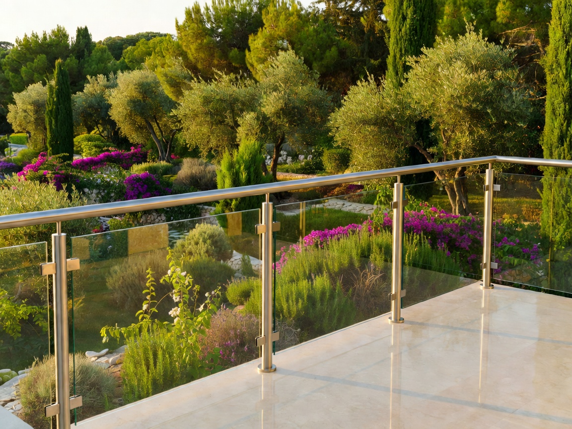 Resort terrace balcony with safe high railings overlooking Mediterranean garden foliage