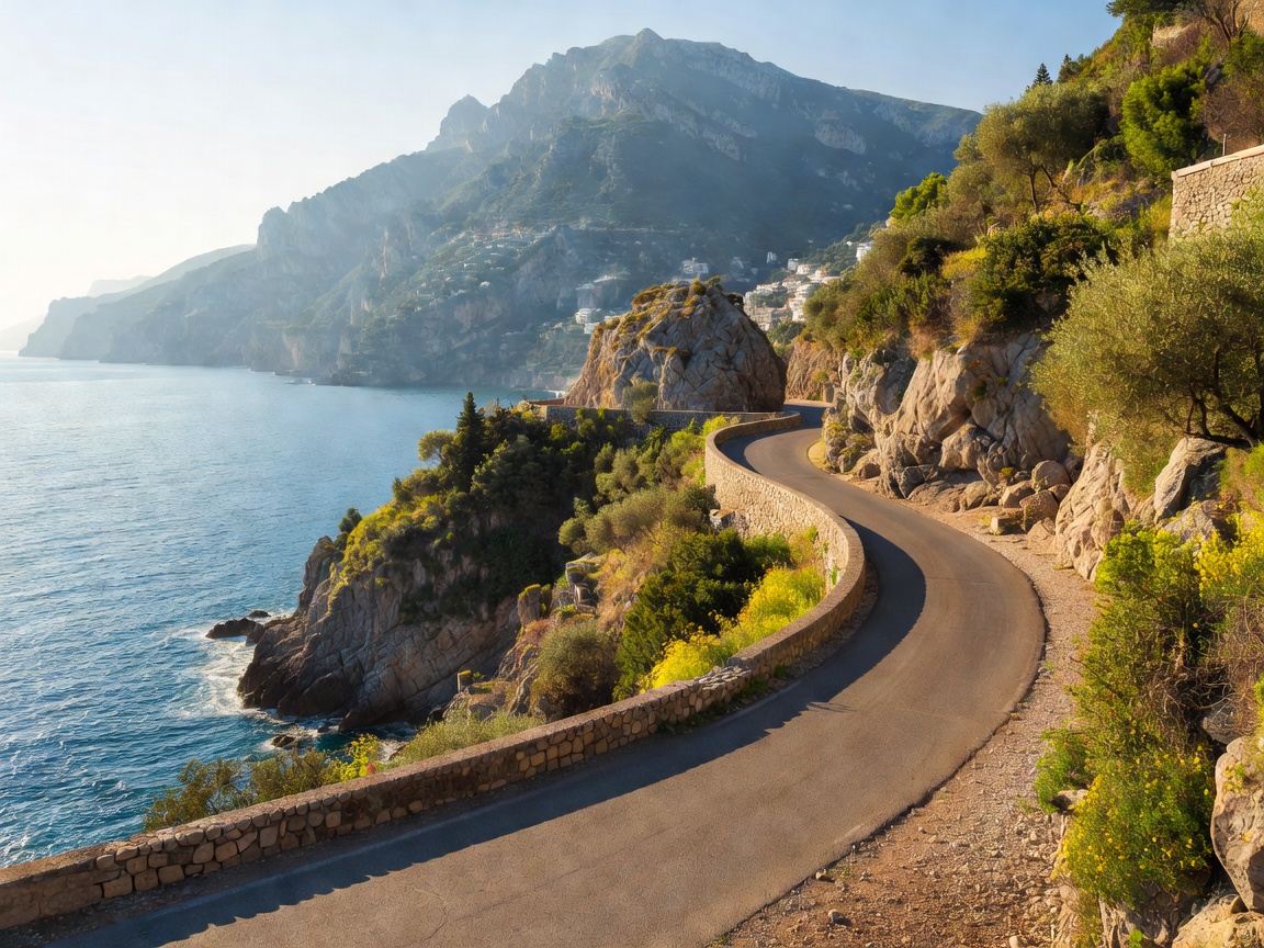 Scenic road winding along a sunny European coastline with mountain vistas