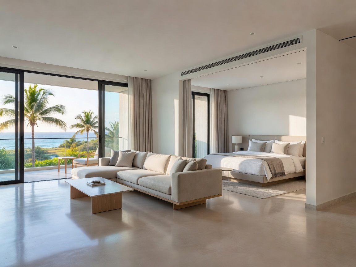 Spacious contemporary resort suite with separate sleeping alcove and sliding balcony doors