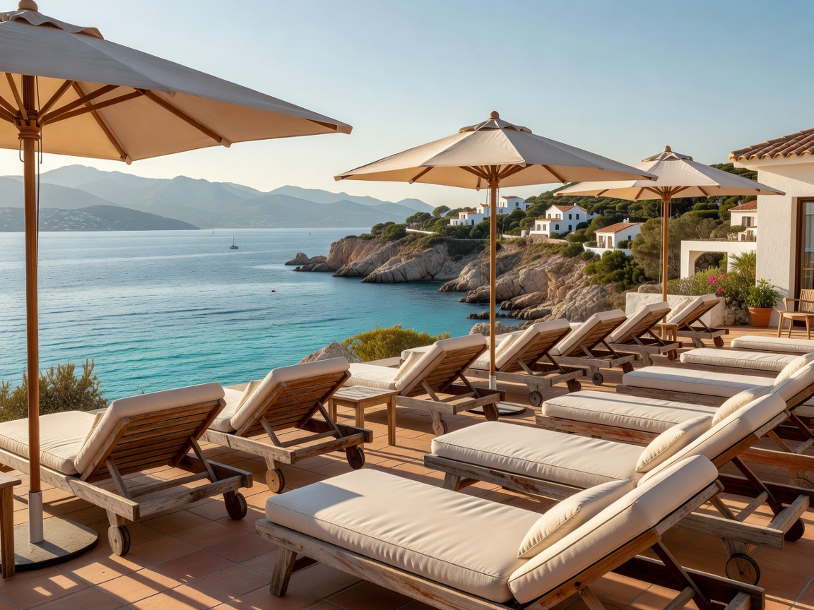 Sunlit outdoor resort terrace with lounge chairs overlooking a Mediterranean bay