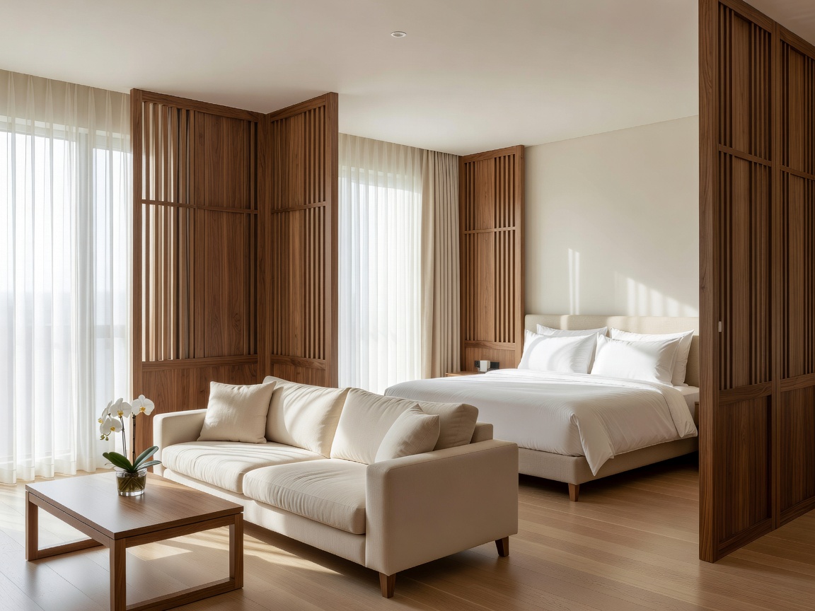 Well-lit airy hotel suite with wooden partitions between living area and main double bed